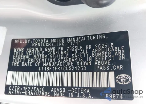 2012 Toyota Camry L из США, поврежденный, VIN 4T1BF1FK4CU521253